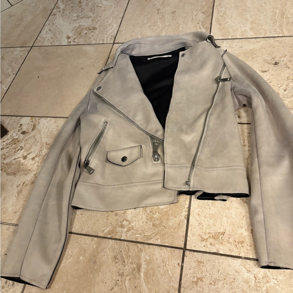 Mango Gray Leather Jacket Modern Fit